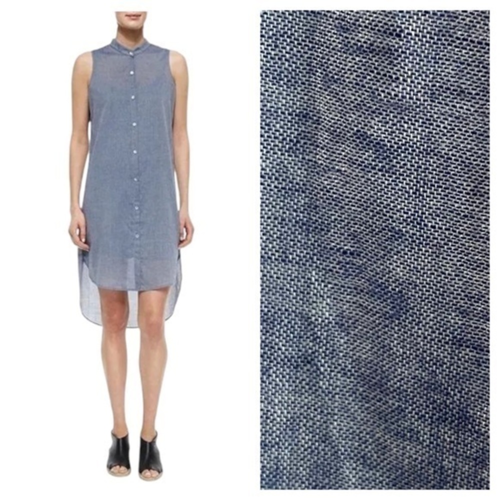 Eileen Fisher Blue Chambray Lightweight Mandarin Collar High Low Shirt Dress S